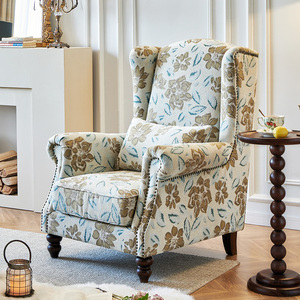 美式布艺老虎椅 单人木质沙发复古客厅休闲椅子卧室高背老虎凳