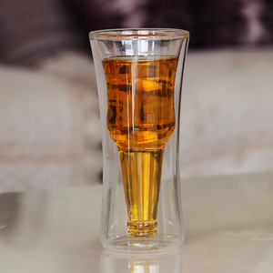 超值爆款创意双层倒立啤酒杯牛奶饮料杯子耐热玻璃透明水茶杯个性