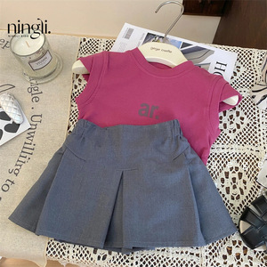 韩版女童夏装火龙果色短袖灰色一步裙时髦两件套女宝宝夏季潮