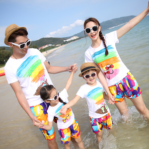 沙滩亲子装一家四口夏季情侣装海边度假父子母女母子全家三口套装