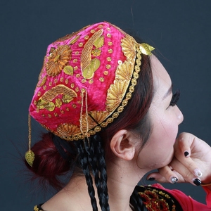 新疆舞蹈帽维吾尔族辫子帽舞台表演头饰手绣亮片演出帽小花帽成人