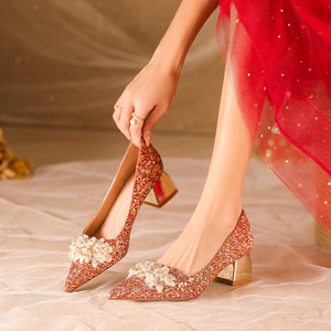 【芯芯麻】高级感水晶鞋红色秀和服敬酒服新娘主婚鞋粗跟不累脚