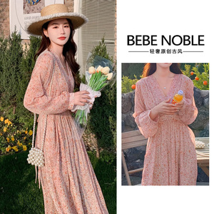 BEBE NOBLE轻奢春季连衣裙韩系温柔风超仙女森系法式收腰碎花长裙