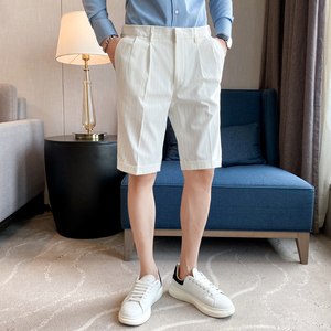 夏季西装短裤条纹五分裤男装青年潮牌白色中裤子韩版男士休闲短裤