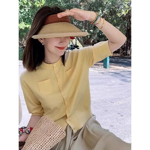 高级感法式单排扣针织开衫女夏季新款黄色中袖小香风短款冰丝上衣