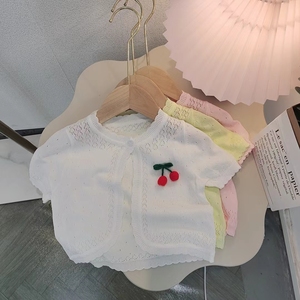 婴儿宝宝女童夏季冰丝薄款披肩外套短袖公主儿童针织开衫镂空调衫