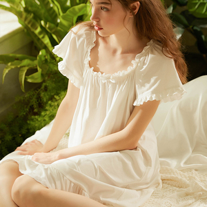 睡裙夏季薄款女公主风短袖宫廷风睡衣白色甜美可爱纯棉少女家居服