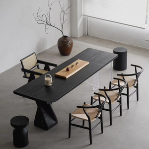 侘寂风碳化黑色实木茶桌白蜡木自然边整板大板桌设计师茶空间桌子