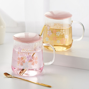 耐热玻璃带盖水杯ins粉色樱花带刻度勺子手柄花茶杯咖啡杯500ml