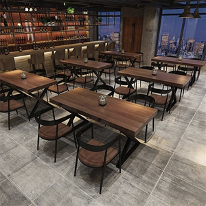 复古工业风餐厅酒馆烧烤店实木餐桌椅组合商用长方形奶茶店桌椅子