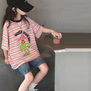 女童短袖t恤夏季2024新款儿童洋气时髦夏装大童纯棉条纹打底上衣