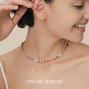 Onchic斑斓项链女天然宝石玛瑙彩色串珠锁骨链小众高级新中式颈链