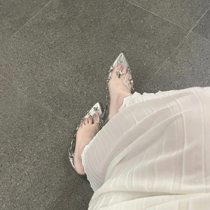羊皮版~法式仙女风气质水钻透明银色单鞋女浅口尖头平底鞋子女