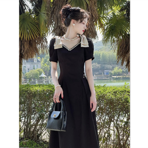夏季黑色连衣裙可拆卸蝴蝶结法式复古珍珠高级感气质显瘦桔梗裙子