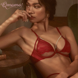 Qmomo珍珠镂空蕾丝情趣内衣性感挑逗文胸惑透明激情三点式套装