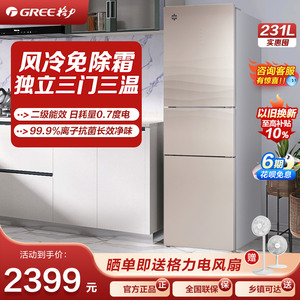 格力晶弘231升电冰箱家用小型三门小冰箱风冷无霜离子长效净味