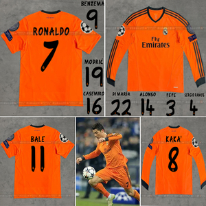 皇马复古球衣1314二客场橙色短袖欧冠版长袖7号C罗足球服卡卡定制