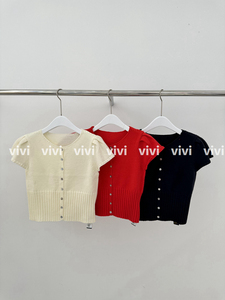 VIVI韩国代购Nicole0312女装2024春款泡泡袖修身小版显瘦针织开衫