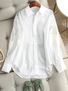 白色长袖衬衫女2024新款春季时尚减龄刺绣镂空上衣复古灯笼袖衬衣