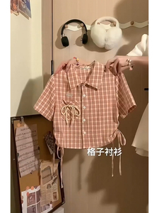粉色格子短袖衬衫女夏季美式复古学院风绑带Polo领辣妹短款上衣女