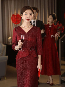 结婚订婚回门气质礼服高级感假两件红色连衣裙敬酒服礼裙秋冬新款