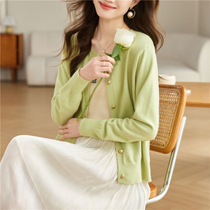 低领针织开衫女薄款春季宽松果绿色设计感小众小个子长袖毛衣外套