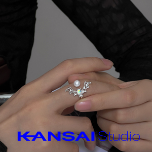 KANSAI月光石小蝙蝠珍珠戒指女小众设计时尚个性甜酷风可调节手饰