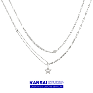 KANSAI新款双层叠戴镂空五角星拼接项链冷淡风嘻哈毛衣链酷潮饰品