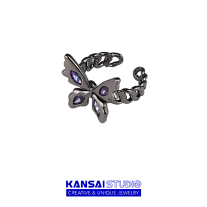 KANSAI新款紫钻黑色蝴蝶戒指黑暗系轻奢小众精致指环设计感手饰品