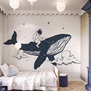 鲸鱼宇航员墙纸北欧简约墙布儿童房壁布男孩卧室壁画卡通壁纸无缝