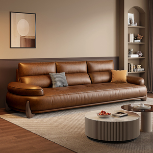 复古原木风真皮沙发客厅组合棕色意式极简小户型美式中古皮沙发