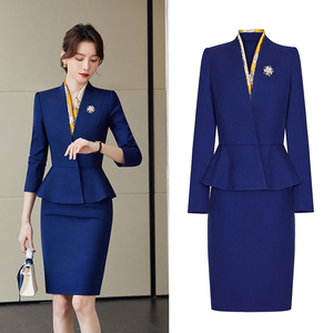 高端职业女裙套装宝蓝色西装外套时尚气质正式场合商务正装工作服