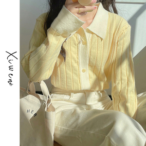 艺术生奶毛衣女秋冬日系慵懒风宽松上衣设计感小众鹅黄色针织开衫