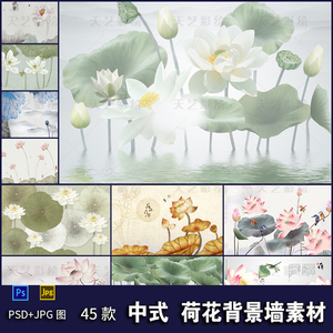 古典水墨中国风手绘荷叶莲花沙发客厅影视墙绘壁画 PSD设计素材图