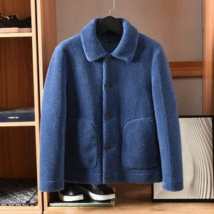 大牌剪标蓝色颗粒绒羊毛大衣外套冬季保暖舒适羊羔毛翻领毛呢夹克
