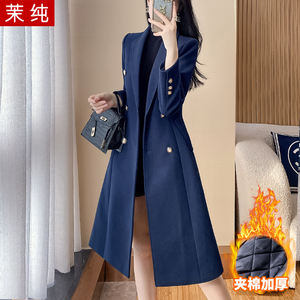 西装外套女藏青色夹棉加厚长款西服工作服正式场合职业装毛呢大衣