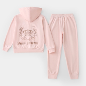 2024春季新款女童可亲子女孩时尚高级肉粉色天鹅绒套装休闲运动服