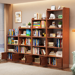 实木书架落地置物架家用书柜一体靠墙客厅杂物架展示架储物收纳柜