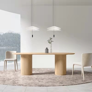北欧椭圆形实木餐桌现代简约岩板饭桌罗马柱原木会议桌创意办公桌