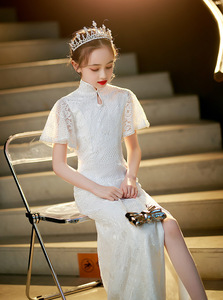 原创2024新款白色蕾丝修身旗袍改良长款儿童晚礼服古筝中国风走秀