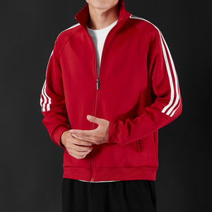 大红色运动外套男立领春秋季薄款三条杠开衫夹克潮修身青少年卫衣