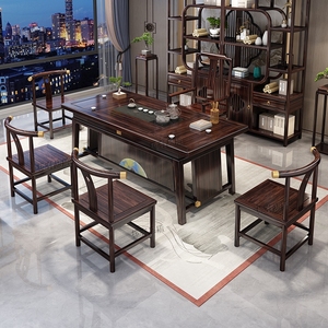 乌金木新中式茶桌实木椅组合高档一桌五椅套装办公室茶几工夫茶台