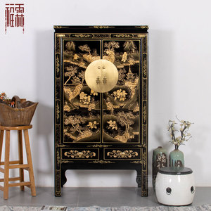 中式实木仿古手绘衣柜带挂衣杆彩漆柜复古做旧明清古典衣橱大衣柜