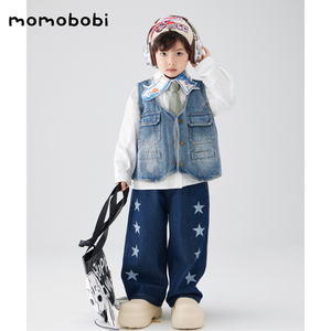 momobobi春季新款男童套装韩版牛仔背心坎肩卡通衬衫印花星星裤子