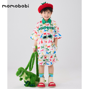 momobobi自制夏款儿童套装韩版个性小狗印花上衣植绒字母短袖裤子