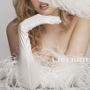 新娘白色长款羽毛全指婚纱手套拍照造型设计婚礼写真缎面五指手套