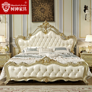 欧式床香槟金真皮床1.8米卧室床婚床法式橡木雕花双人床别墅套房