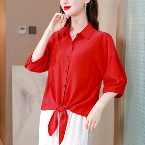 红色中袖天丝衬衫女士装夏季设计感下摆打结小衫宽松洋气冰丝上衣