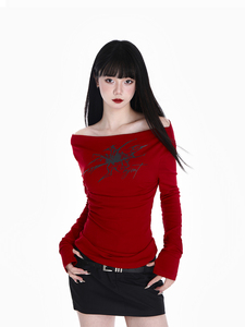红色一字肩上衣女装春季设计感性感辣妹打底衫bm修身露肩长袖t恤