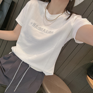 韩国时尚带钻立体字母短袖t恤女2024年半袖上衣欧货白色女士体恤